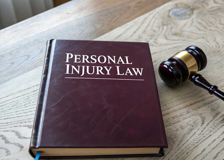An insurance adjuster reviews medical records, photographs, and claim documents at a desk.